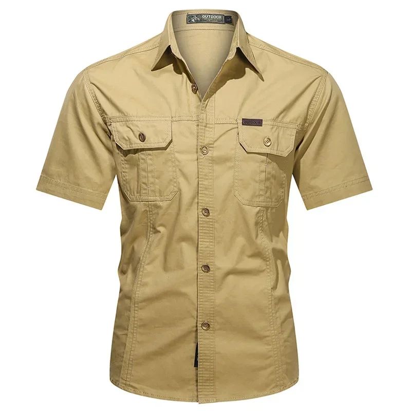 Men's Streetwear Casual Button Down Military Cargo Shirt Short Sleeve Cotton Dress Shirts For Hiking Fishing Golf Polos Shirts
