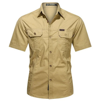 Men's Streetwear Casual Button Down Military Cargo Shirt Short Sleeve Cotton Dress Shirts For Hiking Fishing Golf Polos Shirts