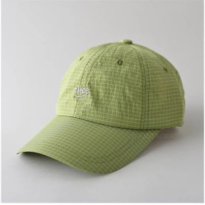 SS25 Korean Baseball Cap with Letter Embroidery & Gingham, Quick-Dry Minimalist Casual Unisex Hat for Daily Use