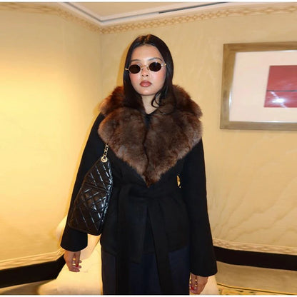 Elegant Fur Collar Woolen Coat Women Contrast Full Sleeve Turn-down Collar Loose Lace Up Coats Female 2025 Autumn Lady Outwears