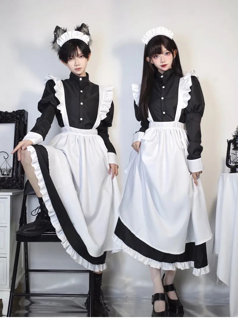 Japanese Style Maid Outfit Black White Long Dress Lolita Unisex Men Women Halloween Costume Uniform Full Set Adults Plus Size