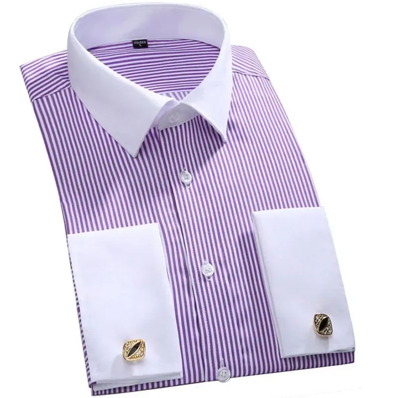 2024 New M~6XL Men's French Cuff Dress Shirt Yellow -White-Purple-Black Long Sleeve Formal Business Buttons Regular Fit Comfort