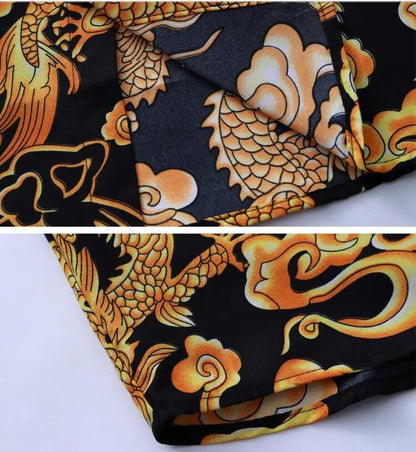 Thin Black Men's Long-sleeved Printed Shirt, Chinese Dragon Print Decoration, Blue Single-breasted Lapel Shirts,Asian Size M-7XL