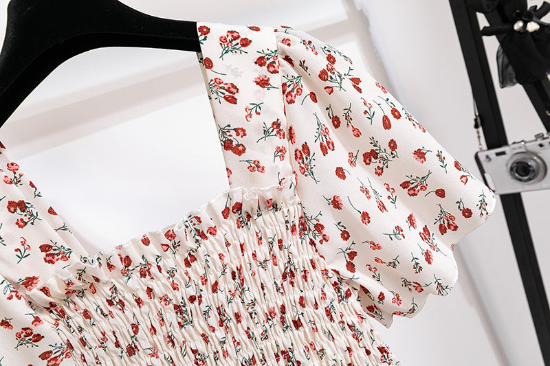 Spring Summer Chiffon Dress Women Midi DressesFemale Short Sleeve Elastic Waist