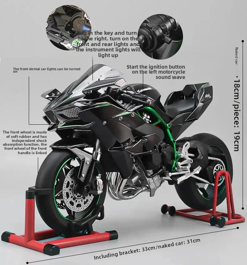Spray 1:6 para Moto Kawasaki Racing Ninja 500 H2R Simulação de Som e Luz Coleção Infantil de Valor para Presente Exposição Presentes de Natal
