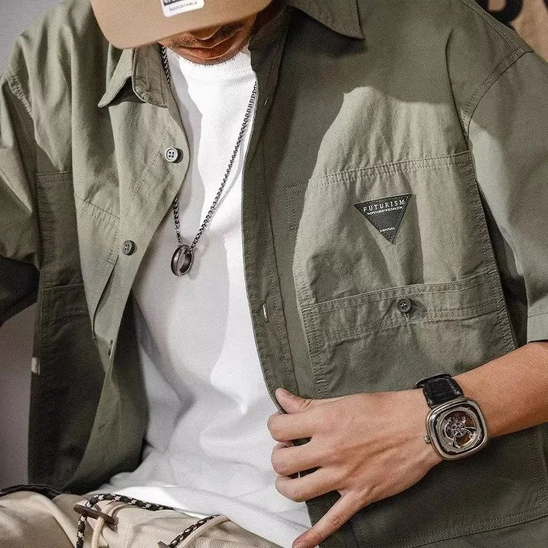 Summer hawaiian Casual Cargo Shirt For Men Oversized Short Sleeve Tee Shirts Y2K Streetwear Button Blouses Outdoor Masculino