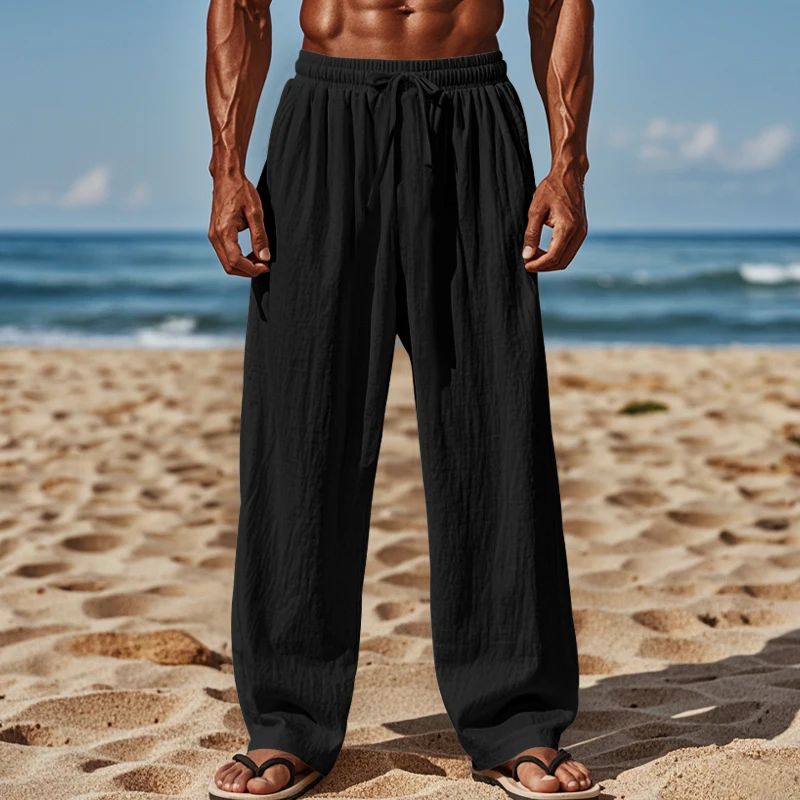 Calça Casual Masculina de Linho com Elástico na Cintura, Calça de Praia Leve com Cordão, Calça de Yoga de Verão Cor Sólida, Calça de Praia