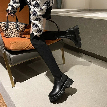 Women's Solid Color Chunky Heel Boots, Stylish Side Zipper Over The Knee Boots, Fashion Platform Long Boots
