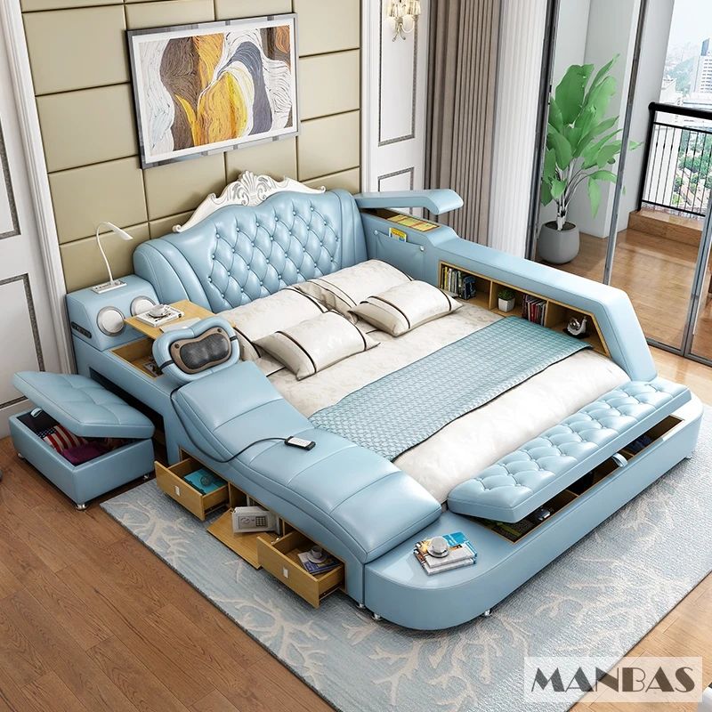 MANBAS Ultimate Bed Frame Tech Smart Multifunctional Bed with Genuine Leather, Massage, USB, Bluetooth Speaker, Tatami & Safe