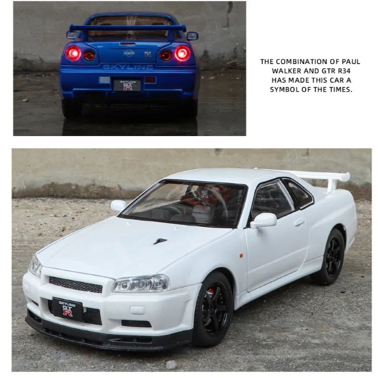 1/24 Nissan Skyline GTR-R34 Velozes e Furiosos Modelo de Carro em Liga Leve com Luz e Som Miniatura Colecionável Veículo de Brinquedo para Meninos