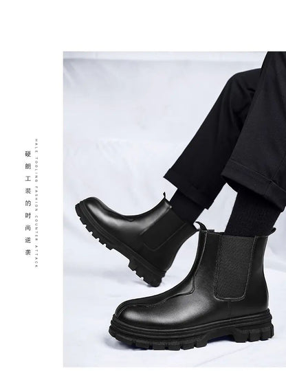 botas chelsea masculinas de luxo cano alto, sapatos de couro originais pretos da moda, bota plataforma de cowboy, bota chunky com cano longo elegante