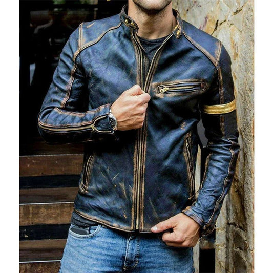 Slim Faux Leather Zipper Cardigan Coat Jacket Vintage Printed Long Sleeve Men Stand Collar Autumn Winter New Motorcycle Jacket