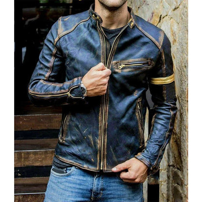 Slim Faux Leather Zipper Cardigan Coat Jacket Vintage Printed Long Sleeve Men Stand Collar Autumn Winter New Motorcycle Jacket