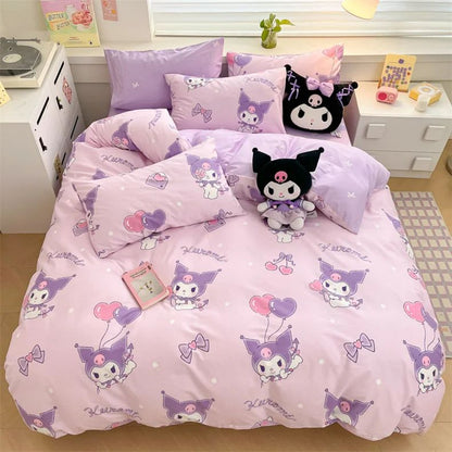 Capa de Edredom Kuromi Melody Desenho Animado Hello Kitty Cinnamoroll Conjunto de Cama Infantil Dormitório Estudantil Capa de Edredom Fofa Decoração de Quarto