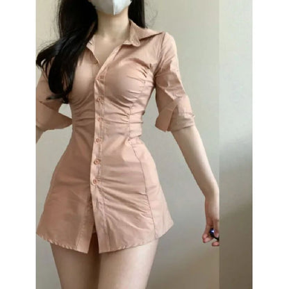 Pure Korean Style Slim Fit Shirt Dress Women's Waist Cinched Sexy Collar Design Mini Dress Fashionable Casual Workwear