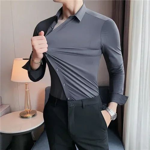 Seamless Anti-wrinkle Business Silky High Elastic Spandex Men's Long-sleeved Shirt Formal Social Non-iron Solid Color Casual