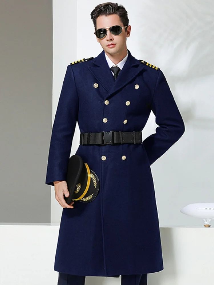 Airline Pilot Men's Woolen Long Jacket Thickened Cotton Wool Blend Trend Coat Air Company Captain Property Concierge Overcoat