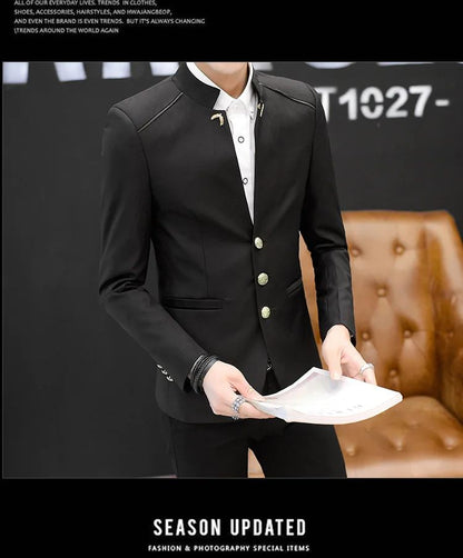 2024 Spring New Men's Stand Collar Casual Suit Jackets Youth Fashion Solid Color Stitching Three Button Mens Blazer Coats