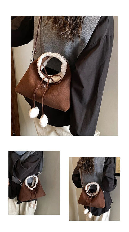 Faux Suede Solid Color Bow Hairy Cute Women's Handbags Christmas Gift Giving Fashion Bags 2025 Autumn/winter New Shoulder Bags