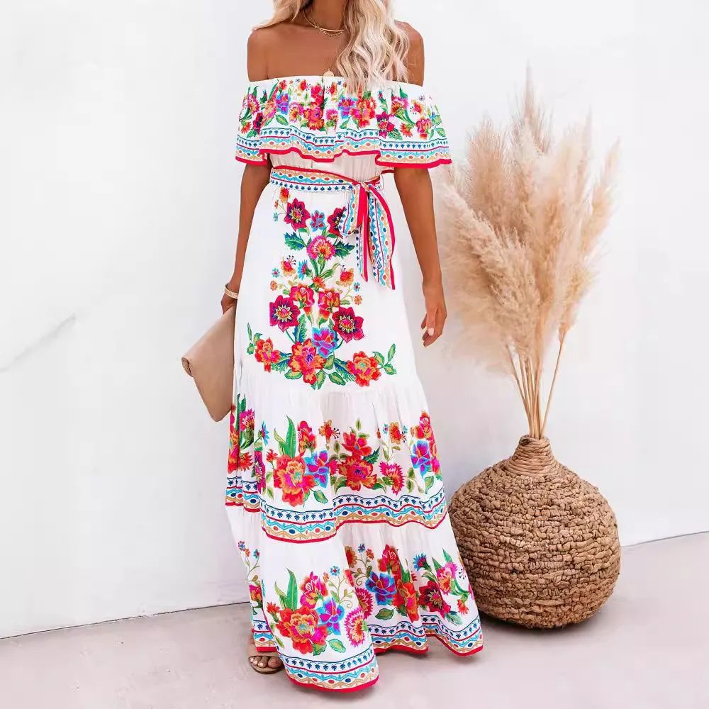 2024 Spring Summer New Independent Stand Amazon Off-shoulder Red Flower Printing Long Dress Oversized Wide Hemline Sleeveless