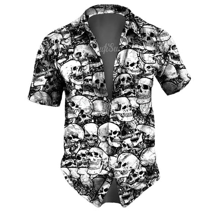 Men's casual Hawaiian lapel 3D horror skull retro printed button short sleeved shirt