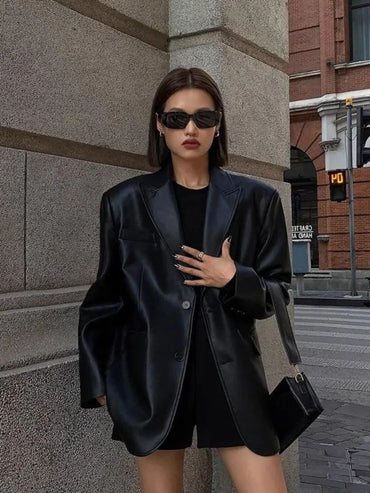 2025Brown /black soft PU leather  women jacket motorcycle long sleeve single breasted casual coat top for autumn high Streetwear