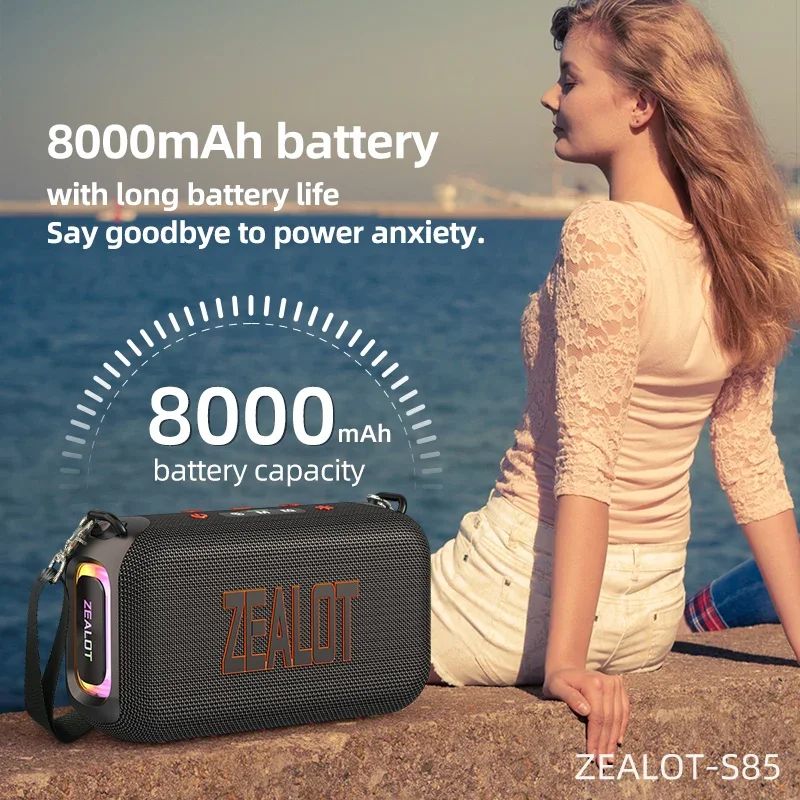 Caixa de som Bluetooth portátil 3D Zealot-S85 50W com diafragma duplo e alça à prova d'água IPX6 para ambientes externos