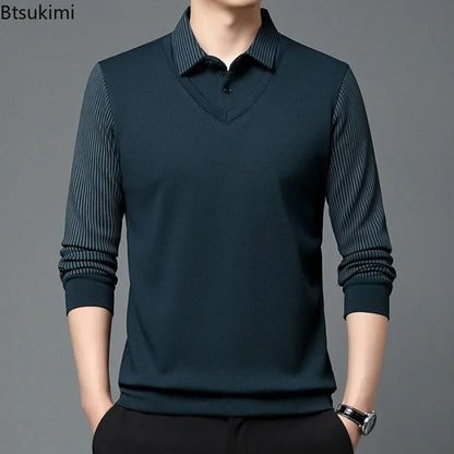 Fashion Fake Two-piece Men Long Sleeve Shirt Stripe Splice Lapel Loose Casual Pullover Tops 2025 Male Formal Business Polo Shirt