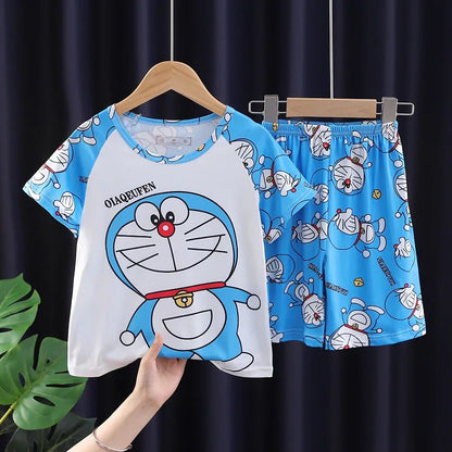 Children's Anime Doraemon Pajamas Set  for Kids Sleepwear Baby Short-sleeve Big Girls and Boys Home Thin Clothes Set Summer
