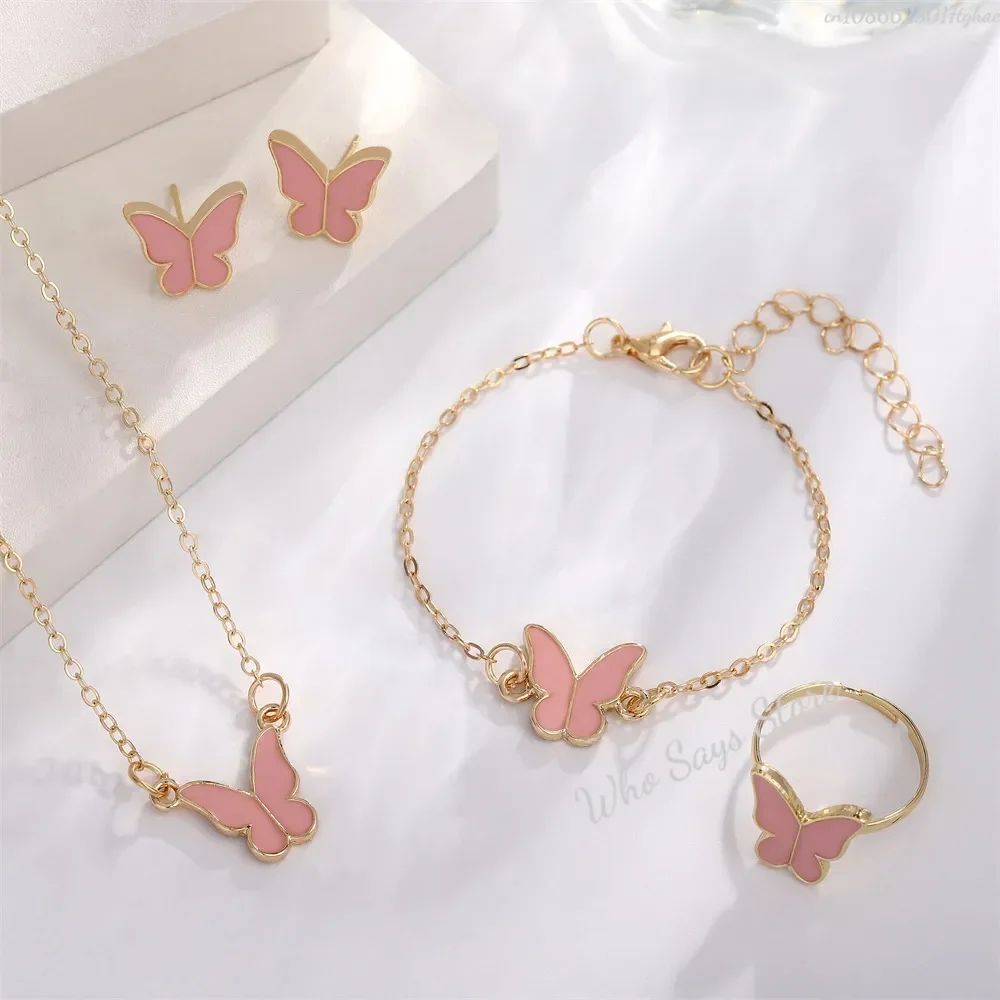 Conjuntos de Joias de Borboleta com Cristal Acrílico Romântico Pulseira Anel Colar Brinco Conjunto para Mulheres Acessórios de Vestido de Jantar de Casamento