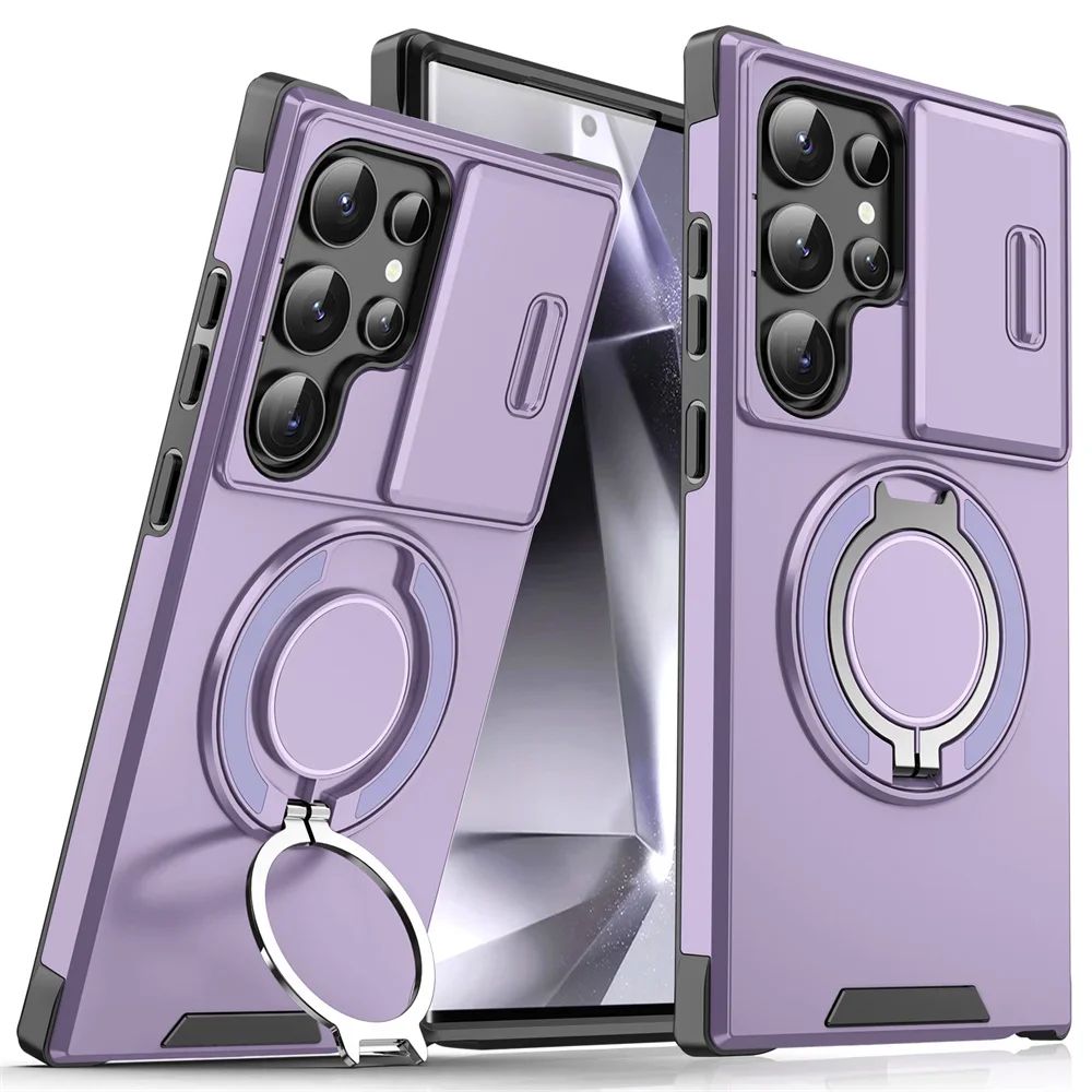 Capa Armor com Suporte Magnético para Samsung S25 S24 S22 S21 S23 S20 Ultra Plus FE com Proteção de Câmera Deslizante e Antichoque