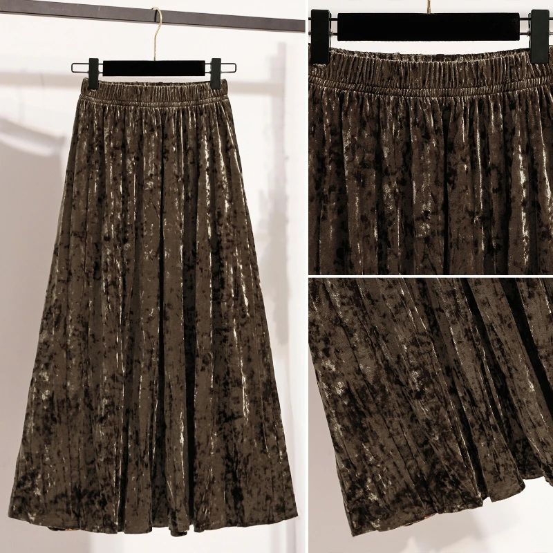 Autumn Winter Girls New A-line Velvet Skirt 2025 Plus Size Gold Velvet Half Pleated Skirt Solid Versatile High Waist Mid Skirt
