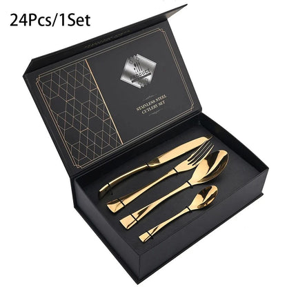 Conjunto de Talheres 24 Peças de Aço Inoxidável 304 Polido Faca Garfo Colher Jogo de Talheres de Cozinha Prata Caixa de Presente