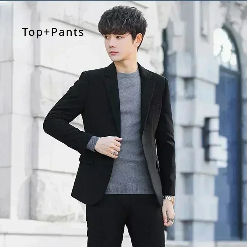 S-6XL Men's Business Casual Suit Korean Style Trendy Slim Fit 2 Piece Set Solid Color ?Blazer+ Pants )Groom Wedding Dress Party