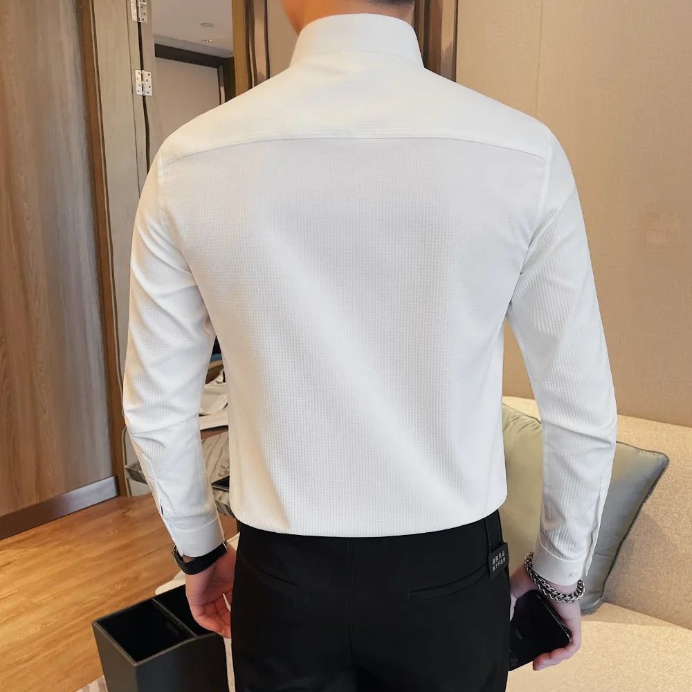 Men Standing Collar Shirt Long Sleeved 2024 Autumn British Style Solid Casual Hidden Button Elastic Slim Fit Formal Dress Shirt