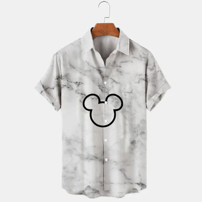 2023 Summer New Men's Casual Trend Fashion Cartoon Mickey Mouse Goofy Needle Harajuku Summer Top Men's Lapel Short Sleeve Shirt