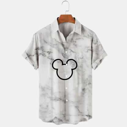 2023 Summer New Men's Casual Trend Fashion Cartoon Mickey Mouse Goofy Needle Harajuku Summer Top Men's Lapel Short Sleeve Shirt