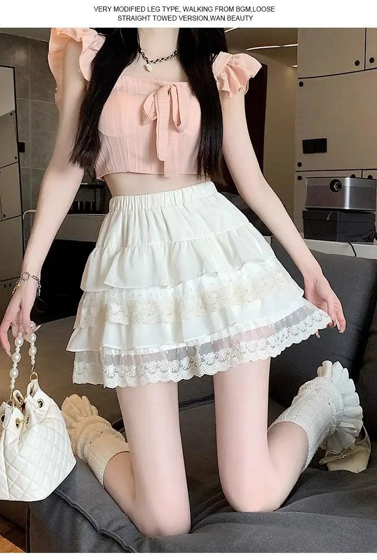 JOEVILU White Tutu Skirt A-line Elastic High Waist Mini Skirts Short Lace Cake Skirt Thin Summer Korean Fashion Goth Y2k Clothes