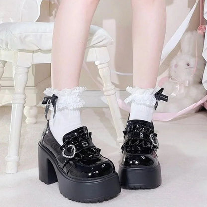 Sweet Heart-Shaped Buckle Lolita High Heels Pump Shoes for Women Y2k PU Leather Waterproof Platform Mary Janes Shoes
