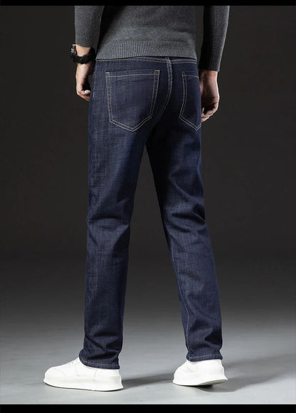 2025 New Classic  Men's Business Casual Velvet Jeans Winter Chinese Embroidery Straight Loose Warm Thick Pants