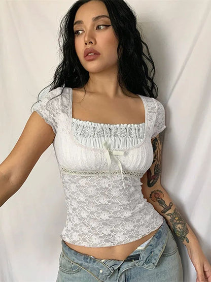 2025 New Retro Lace Tops Women y2k Gothic Sweety Shirts Short Sleeve Lace Square Neck Crop Tops and Blouses Summer Tshirt