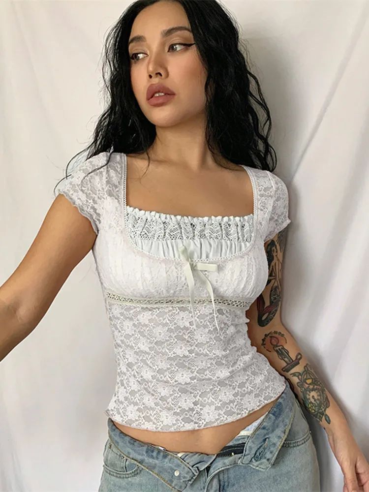 2025 New Retro Lace Tops Women y2k Gothic Sweety Shirts Short Sleeve Lace Square Neck Crop Tops and Blouses Summer Tshirt