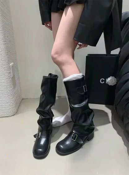 Woman Boots Knee High Platform Chunky Heels Trend Punk Gothic New Rock Leather Fashion Women's Shoes Motorcycle Footwear