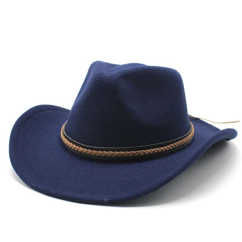 Winter Roll Up Brim Western Cowboy Hat With Leather Retro Gentleman Lady Jazz Cowgirl Cap Church Sombrero Caps