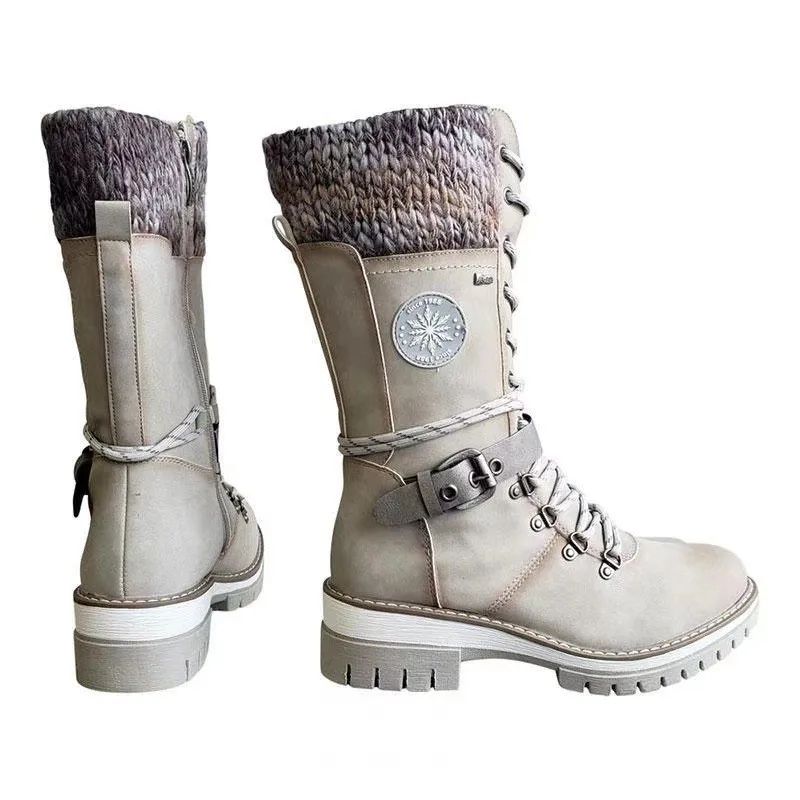 2025 Women Winter Buckle Lace Knitted Mid-calf Boots Low Heel Round Toe Boots Top Quality Winter Warm Boots Women Botas De Mujer