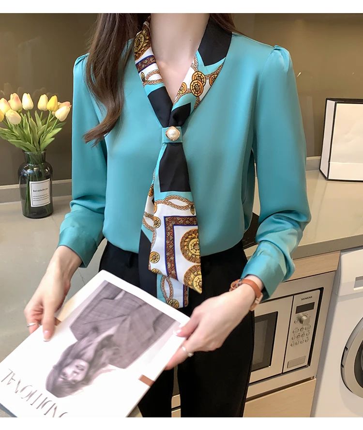 FANAN Elegant Fashion Office Lady Bow Solid Chiffon Shirts Women Clothing New Long Sleeve V-Neck Pullover Top Blouses Female2025