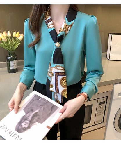 FANAN Elegant Fashion Office Lady Bow Solid Chiffon Shirts Women Clothing New Long Sleeve V-Neck Pullover Top Blouses Female2025