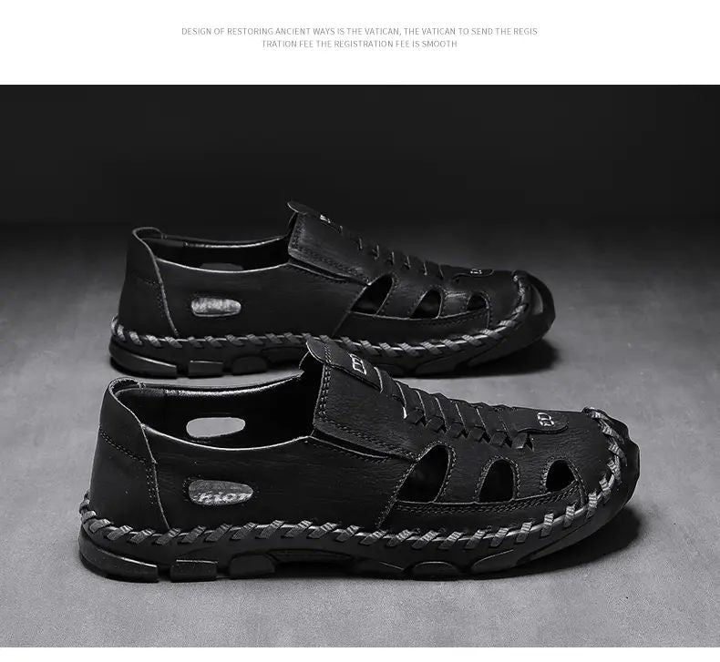 2025 New Men's Handmade Leather Sandals Flat Sandals Fashion Men's Suitable for Beach Vacation Summer Brown Non-slip Sandals