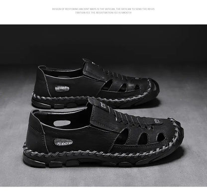 2025 New Men's Handmade Leather Sandals Flat Sandals Fashion Men's Suitable for Beach Vacation Summer Brown Non-slip Sandals