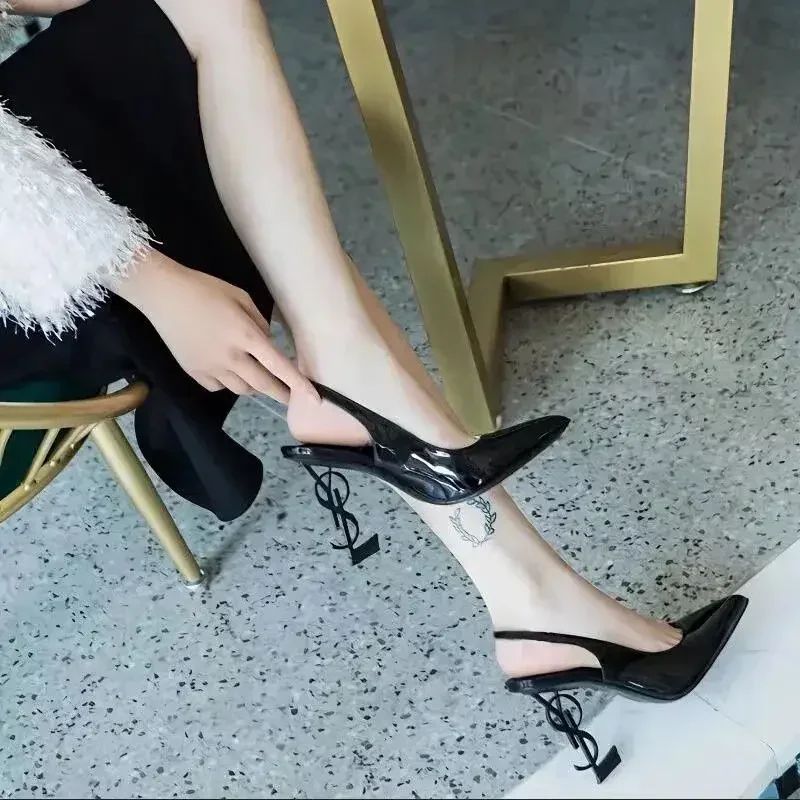 Maillard Sandals for Women  Fashion High Heels for Women One-piece Patent Leather Square Head Letter Heel Open Toe Sexy Shoes